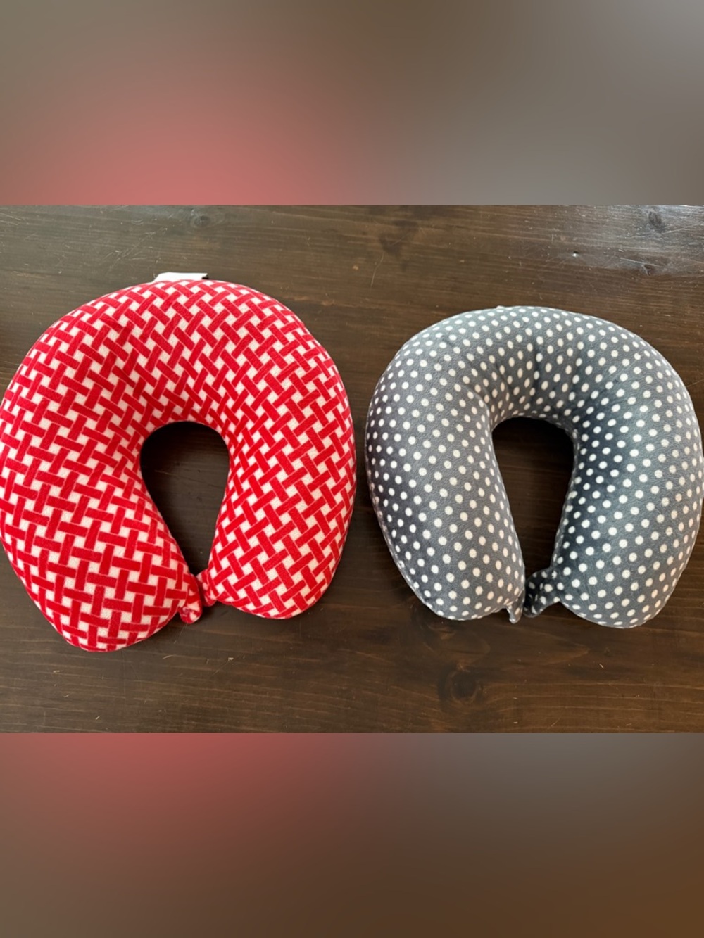 Pair of Travel Neck Pillows - Red Pattern & Gray Polka Dot